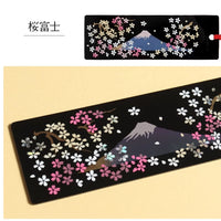 Rin Essense handcrafted lacquerware bookmarks featuring Mount Fuji and pink cherry blossoms on black with red tassel