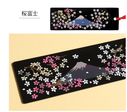 Rin Essense handcrafted lacquerware bookmarks featuring Mount Fuji and pink cherry blossoms on black with red tassel