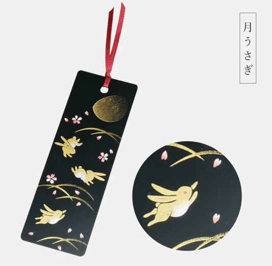 Rin Essense handcrafted lacquerware bookmarks black moon and gold rabbit design with pink cherry blossoms