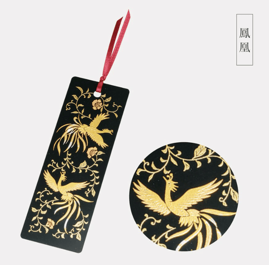 Rin Essense handcrafted lacquerware bookmarks black bookmark with gold phoenix floral design and red ribbon