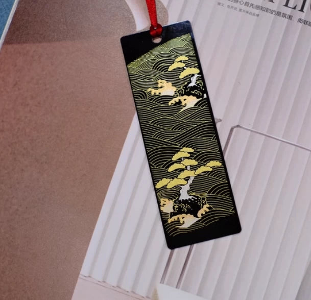Rin Essense handcrafted lacquerware bookmarks black rectangular with gold wave and pine motif and red cord