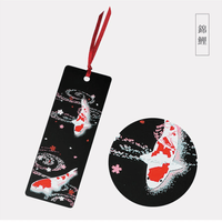 Rin Essense handcrafted lacquerware bookmarks black koi fish design with red ribbon and cherry blossom accents