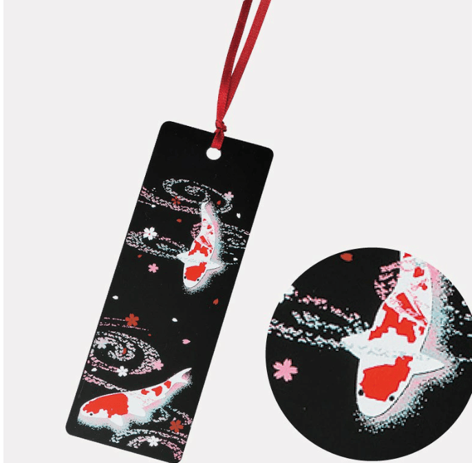 Rin Essense handcrafted lacquerware bookmarks black koi fish design with red ribbon and cherry blossom accents