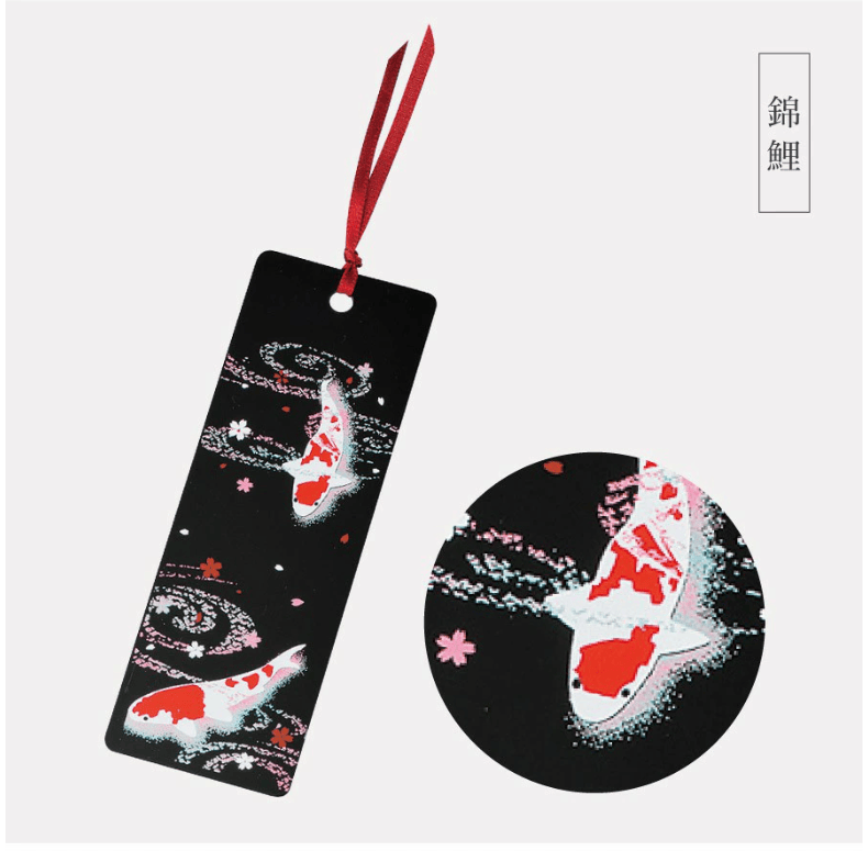 Rin Essense handcrafted lacquerware bookmarks black koi fish design with red ribbon and cherry blossom accents