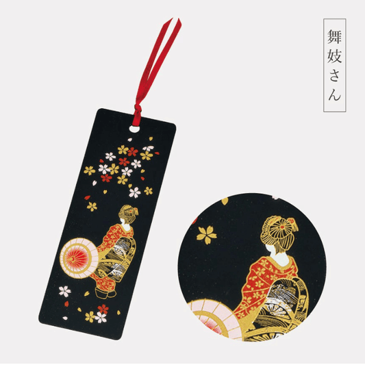 Rin Essense handcrafted lacquerware bookmarks featuring geisha in red kimono with gold floral details and red ribbon