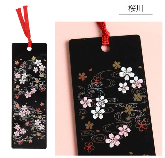 Black rectangular sakura bookmark with pink gold cherry blossom design and red tassel handcrafted lacquerware bookmarks