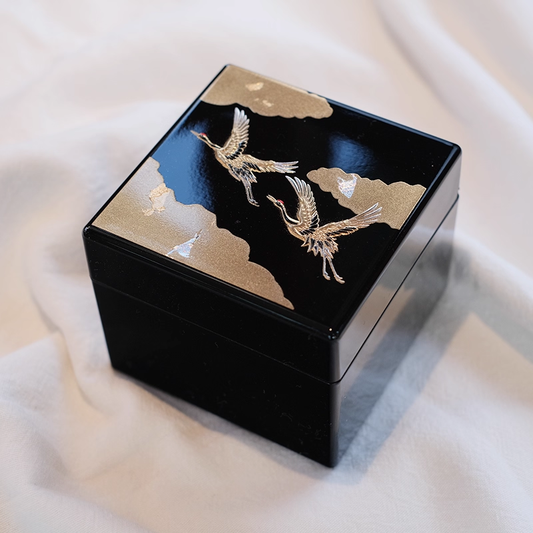Japanese lacquerware jewelry box black square with gold cranes and cloud motif glossy two tier keepsake