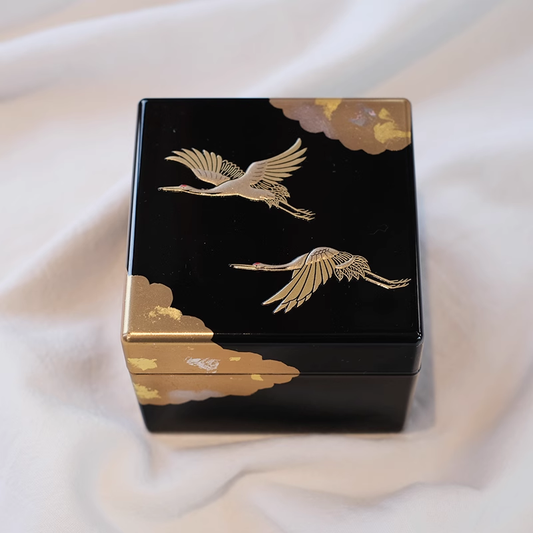 Rin Essense Japanese lacquerware jewelry box black square with gold cranes and cloud motifs glossy finish