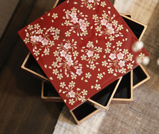 Rin Essense Japanese lacquerware jewelry box red cherry blossom floral multi tiered stacked compartments with black interior