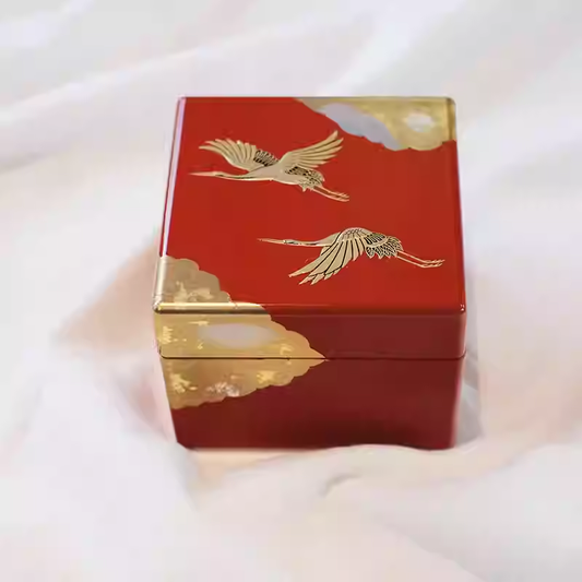 Rin Essense Japanese lacquerware jewelry box red with gold cranes and cloud motifs elegant keepsake storage