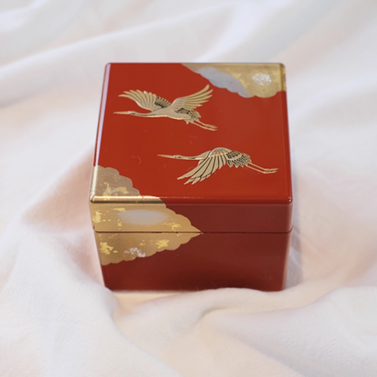 Japanese lacquerware jewelry box red glossy square with gold cranes and cloud motif elegant keepsake box