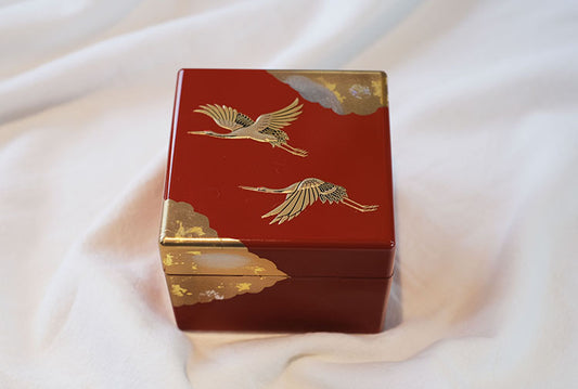Japanese lacquerware jewelry box red square with gold crane and cloud motifs elegant keepsake box