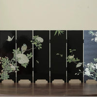 Rin Essense black lacquer table screen decorative six panel tabletop divider with hand painted birds and white flowers