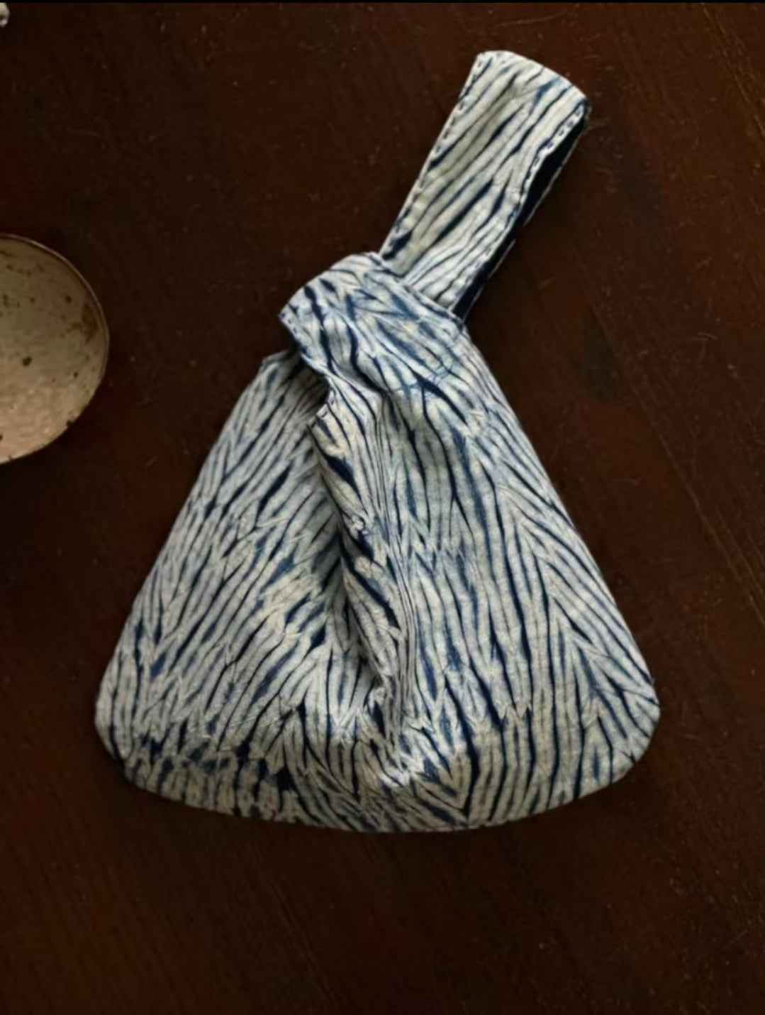 Indigo Shibori Handcrafted Knot Bag – Feather Pattern