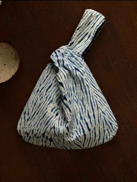 Indigo Shibori Handcrafted Knot Bag – Feather Pattern