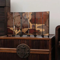 Rin Essense lacquer table screen six panel painted folding screen with travelers and landscape on wooden chest