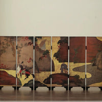 Rin Essense lacquer table screen depicting gold leaf landscape and travelers on a six panel folding screen