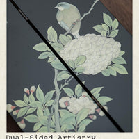 Rin Essense lacquer table screen featuring a hand painted bird on branch and pale hydrangea motif on dark lacquer panel