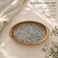 Blue shell oval tray with mother of pearl nacre inlay and woven rattan rim by RIN ESSENCE