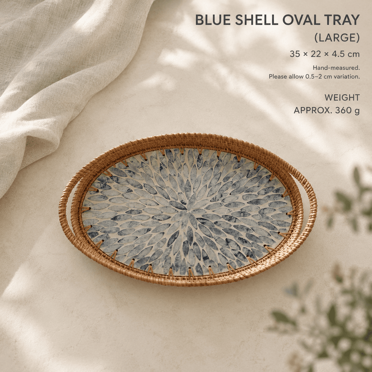 Blue shell oval tray with mother of pearl nacre inlay and woven rattan rim by RIN ESSENCE