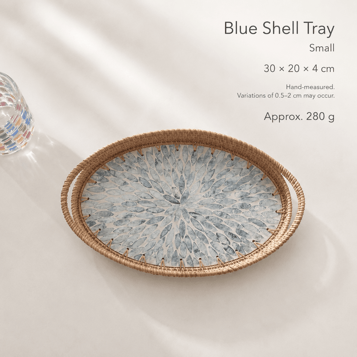 RIN ESSENCE Blue Shell Tray with mother of pearl nacre inlay and woven rim small size