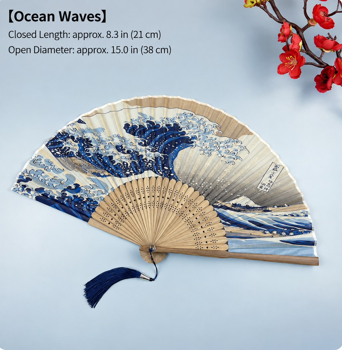 Japanese-Style Folding Fan — Japanese Cotton, Bamboo & Fuji / Wave Motifs