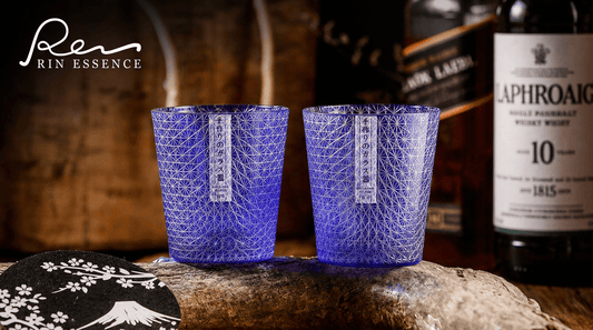 Rin Essense blue sake cups with intricate patterns resembling a crystal wine glass design