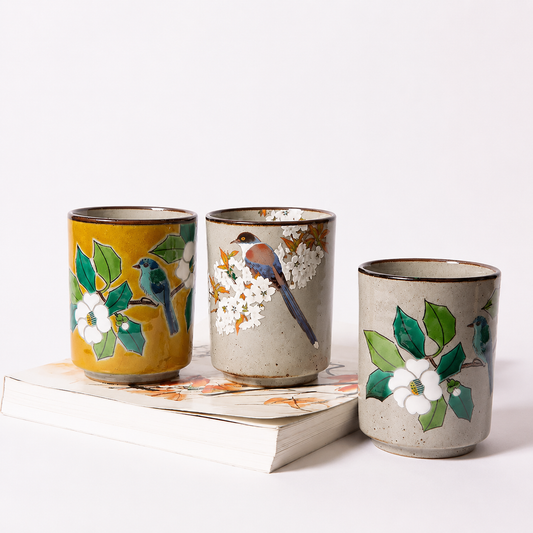 Japanese Kutani Ware Hand-Painted Ceramic Mug – Luxury Floral & Bird Tea Cup, 13 oz Artisan Porcelain, Elegant Gift