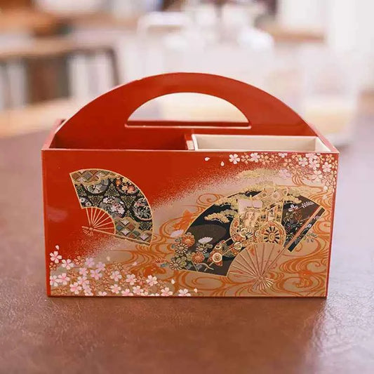 Rin Essense decorative red Japanese-style storage box with fan and floral patterns