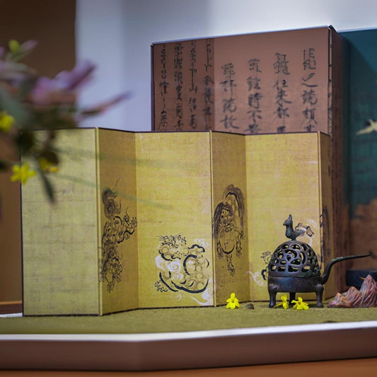 Rin Essense decorative room divider folding screen with traditional Asian artwork and calligraphy