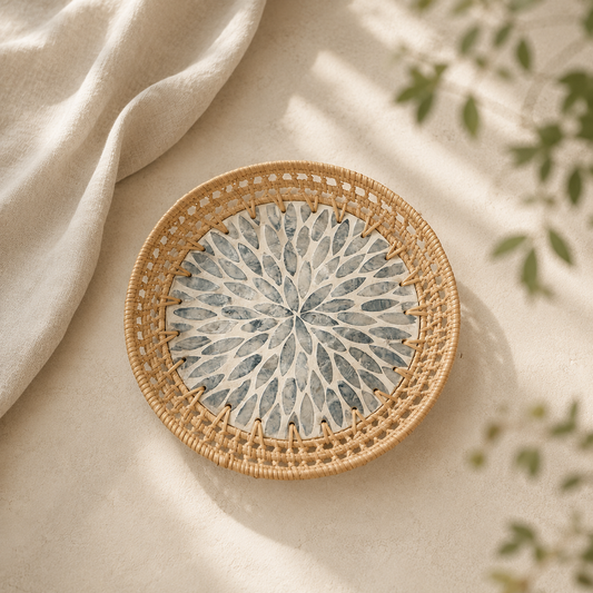 Tonkin Handwoven Rattan & Mother-of-Pearl Oval Tray