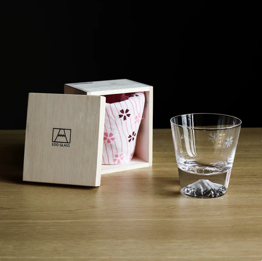 Handcrafted glass Japanese gift whiskey glass sake with floral design and wooden Edo Glass box