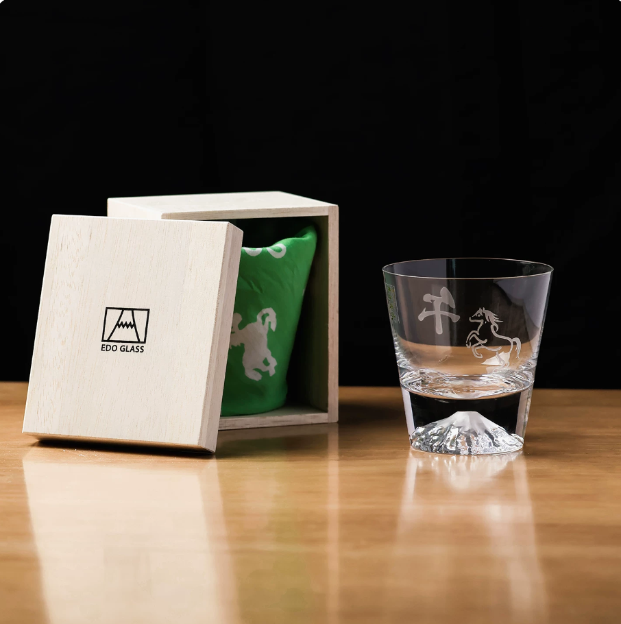 Handcrafted glass Japanese gift whiskey glass sake with horse design and wooden box by Rin Essense