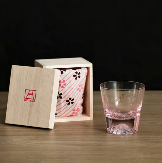 Handcrafted glass Japanese gift whiskey glass sake with pink tint and wooden box from Rin Essense