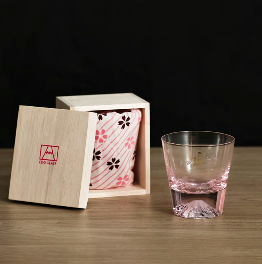 Handcrafted glass Japanese gift whiskey glass sake with pink tint and wooden box from Rin Essense