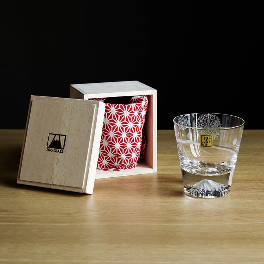 Handcrafted glass Japanese gift whiskey glass sake with wooden box and decorative cloth from Rin Essense