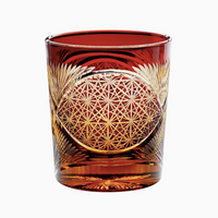 Japanese retro whisky glass Rin Essense amber cut crystal tumbler with intricate geometric starburst pattern