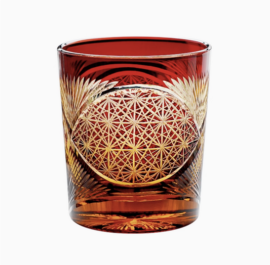 Japanese retro whisky glass Rin Essense amber cut crystal tumbler with intricate geometric starburst pattern