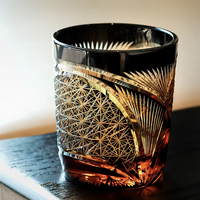 Rin Essense Japanese retro whisky glass amber cut crystal tumbler with intricate starburst and geometric engraving