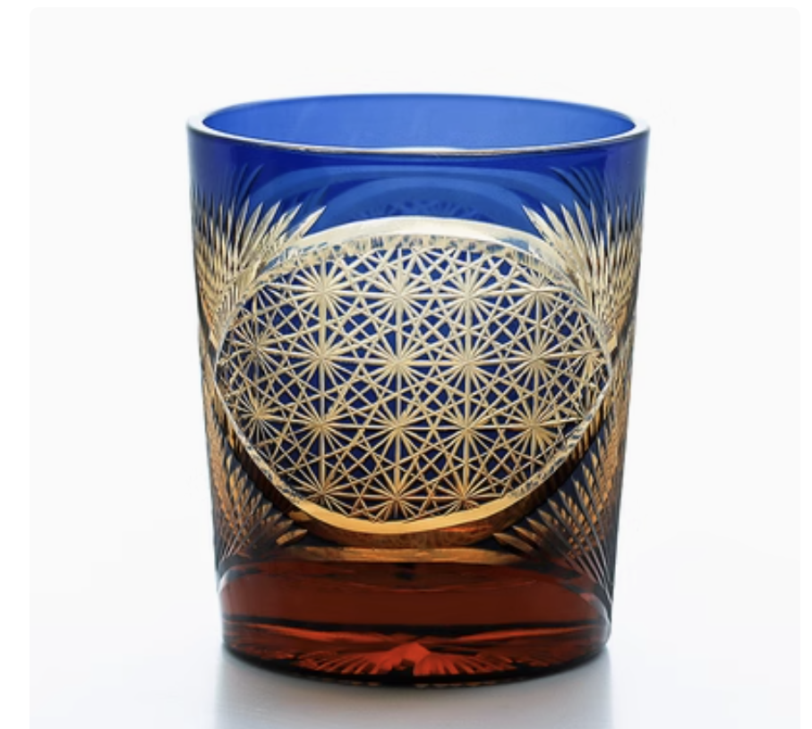 Rin Essense Japanese retro whisky glass cobalt blue and amber cut glass with gold asanoha pattern