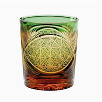 Rin Essense Japanese retro whisky glass green to amber cut crystal tumbler with geometric starburst pattern