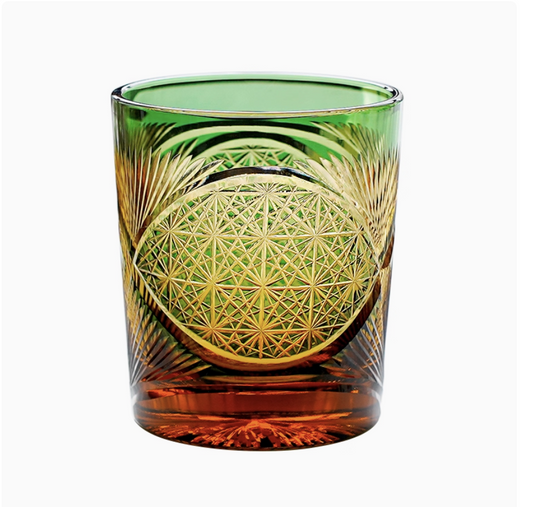 Rin Essense Japanese retro whisky glass green to amber cut crystal tumbler with geometric starburst pattern