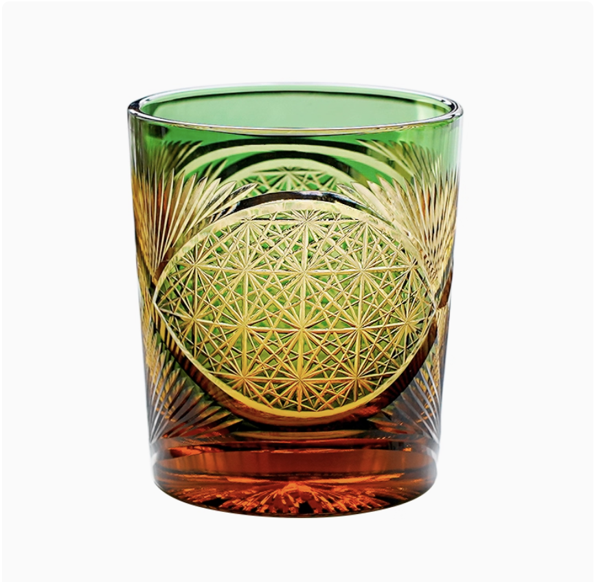 Rin Essense Japanese retro whisky glass green to amber cut crystal tumbler with geometric starburst pattern