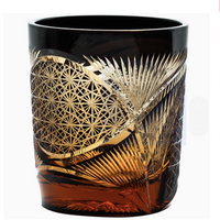 Rin Essense Japanese retro whisky glass amber tumbler with gold cut geometric and starburst pattern