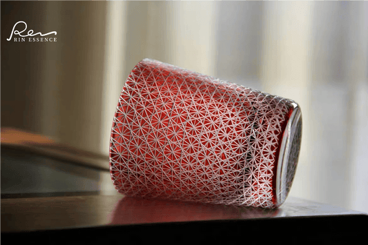 Rin Essense sake cup featuring intricate Edo Kiriko style drinkware red geometric patterns