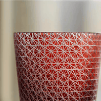 Rin Essense red sake cup with intricate Edo Kiriko style drinkware geometric pattern