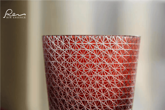 Rin Essense red sake cup with intricate Edo Kiriko style drinkware geometric pattern