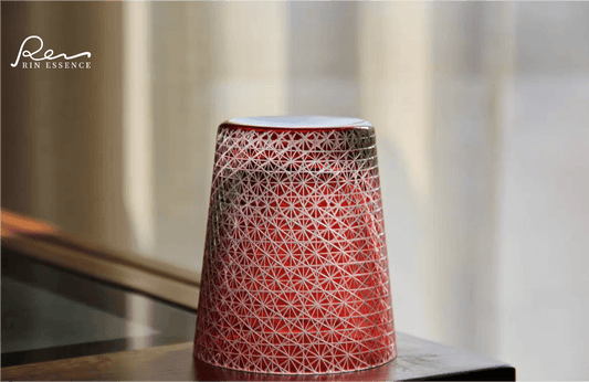 Rin Essense sake cup featuring intricate Edo Kiriko style drinkware design with red geometric patterns