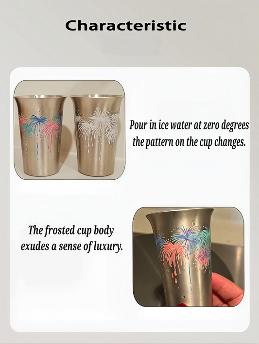 Rin Essense frosted metal sake cup sets with color-changing fireworks pattern when poured with ice water