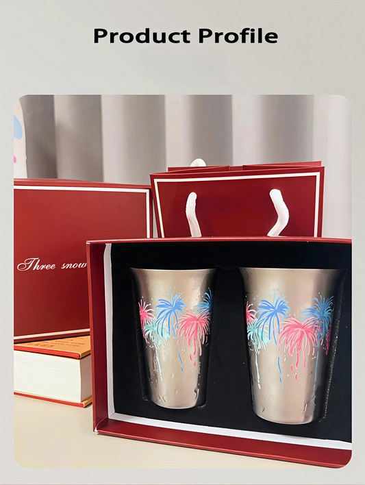 Rin Essense sake cup sets with colorful fireworks design in a red gift box